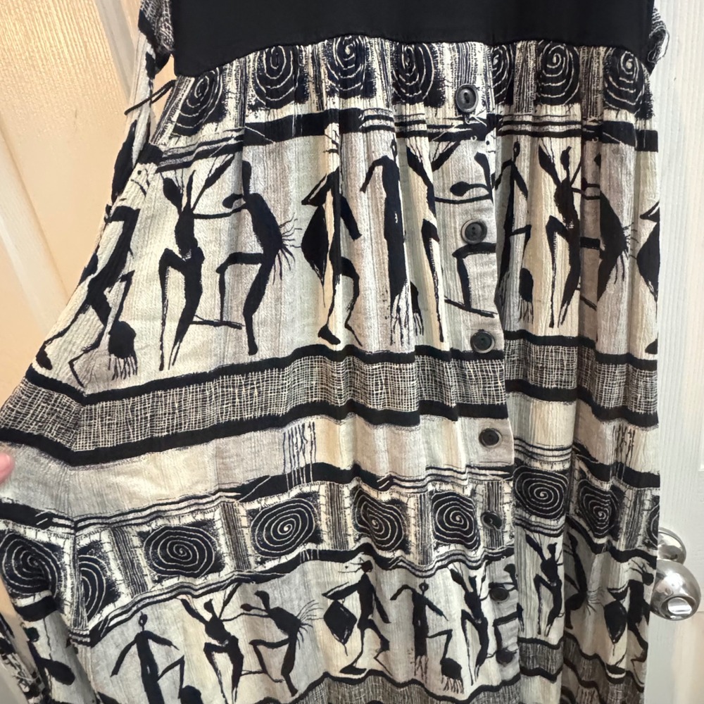 VTG Cache Maxi Dress 6 Black Ivory Tribal Print Art Deco Mock Neck Boho 90 - Picture 4 of 9